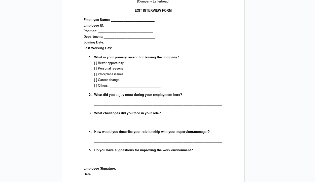 Exit Interview Form Template